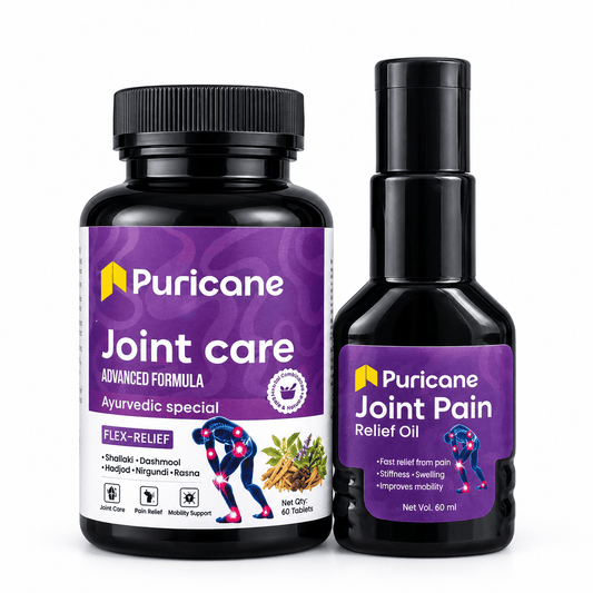 Puricane Joint Care Tablet & Joint Pain Relief Oil Combo | 60 Tablets + 60 ml Ayurvedic Joint Care Kit